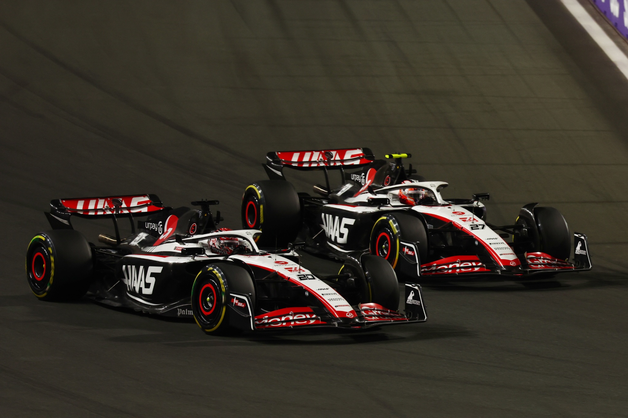 (L to R): Kevin Magnussen (DEN) Haas VF-23 and Nico Hulkenberg (GER) Haas VF-23 battle for position. Formula 1 World