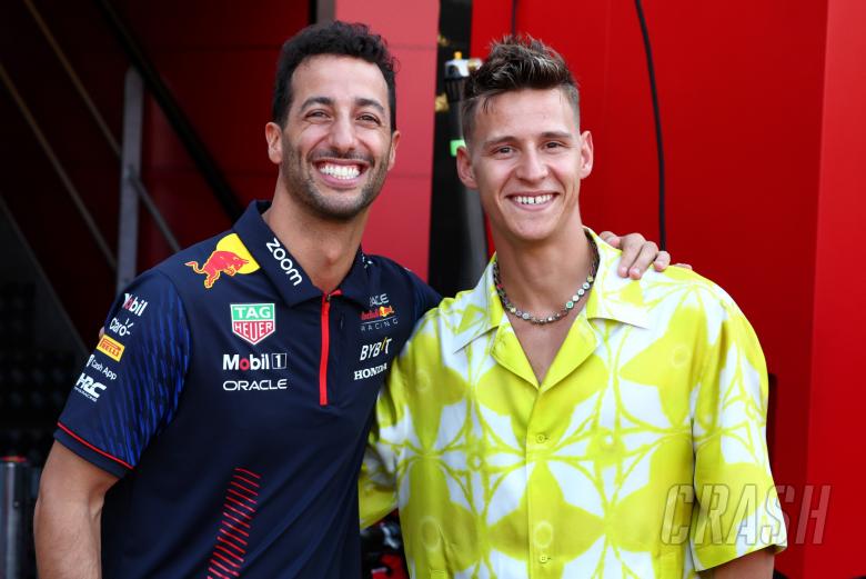 (L to R): Daniel Ricciardo (AUS) Red Bull Racing Reserve and Third Driver with Fabio Quartararo (FRA) MotoGP Motorcycle