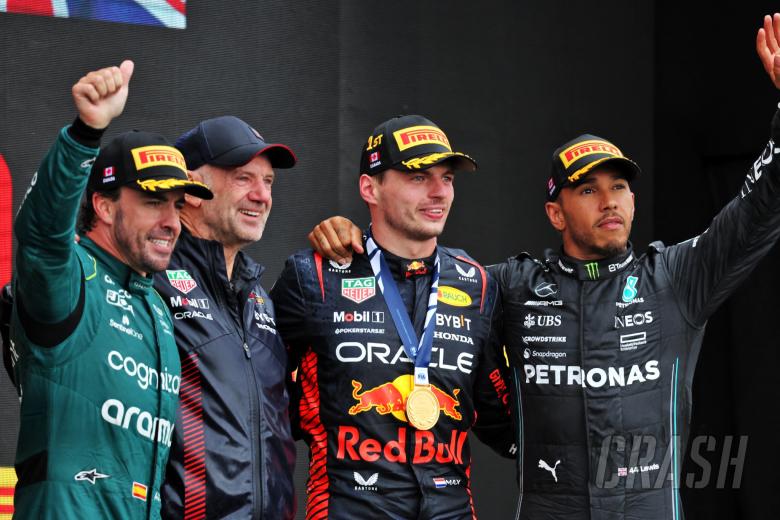 The podium (L to R): Fernando Alonso (ESP) Aston Martin F1 Team, second; Adrian Newey (GBR) Red Bull Racing Chief Technical