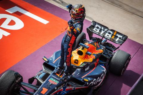 Race winner Max Verstappen (NLD) Red Bull Racing RB19 celebrates in parc ferme. Formula 1 World Championship, Rd 19,