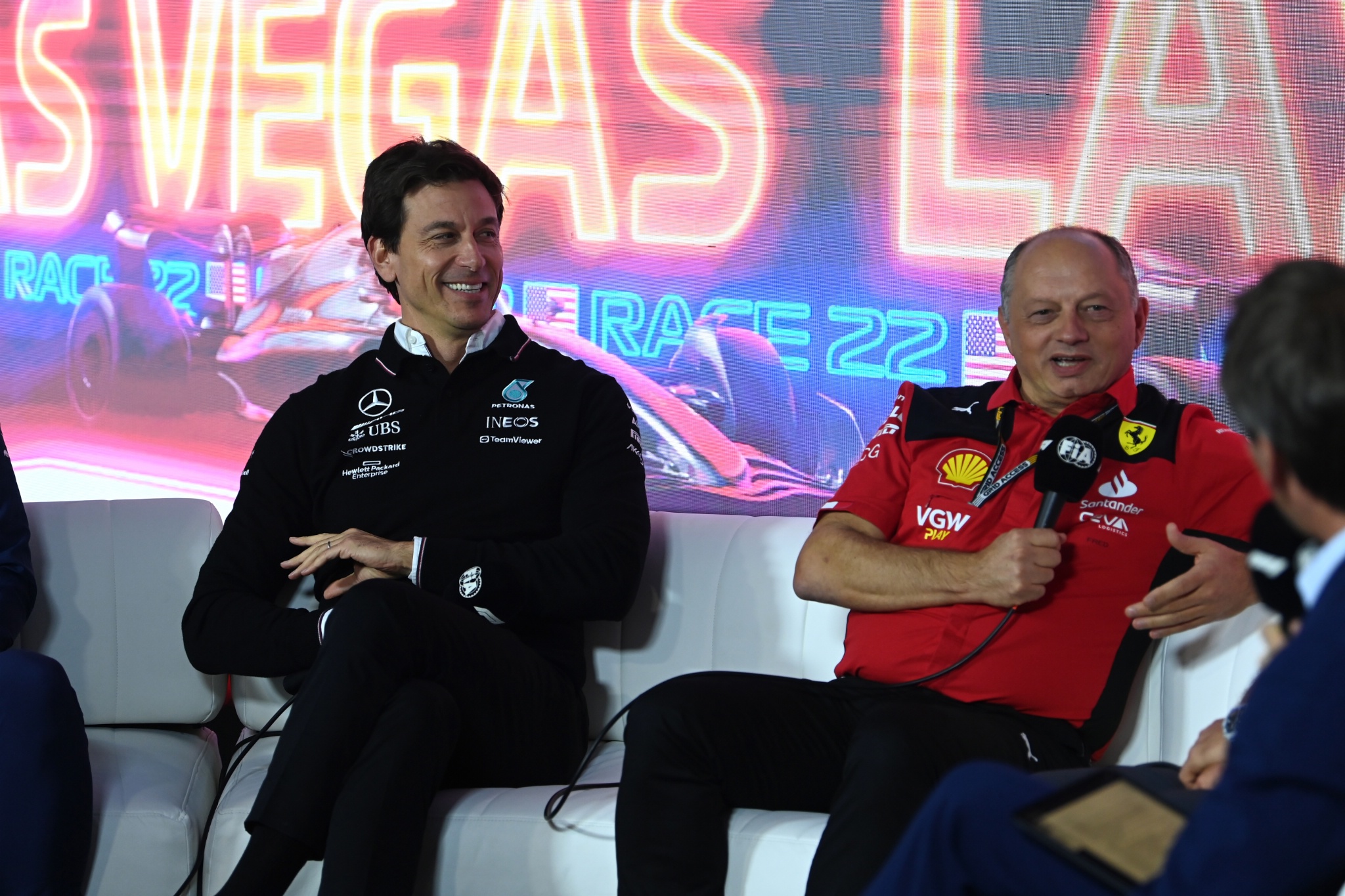 (L to R): Toto Wolff (GER) Mercedes AMG F1 Shareholder and Executive Director and Frederic Vasseur (FRA) Ferrari Team